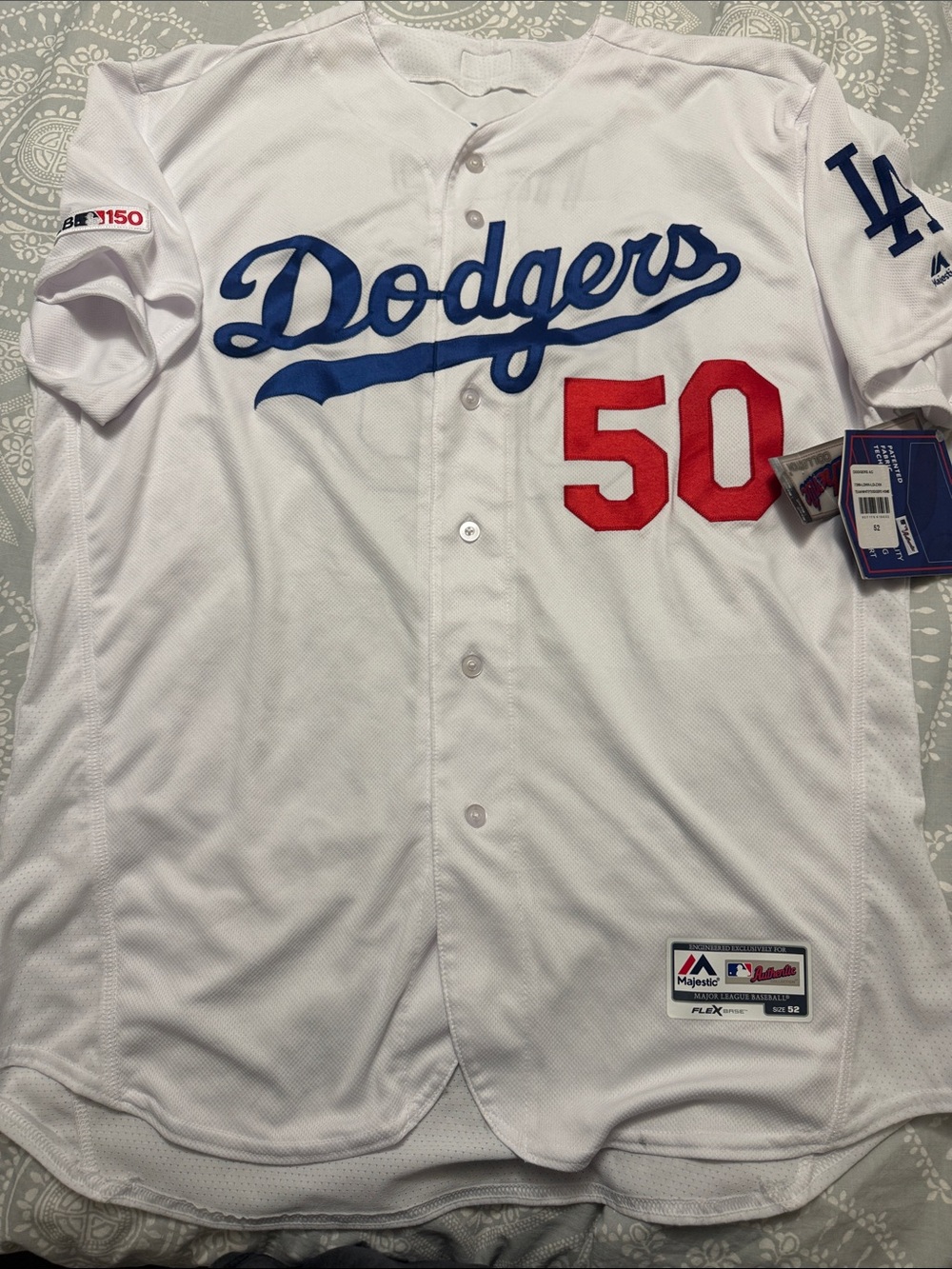 Majestic White Dodgers #50 Button-Up Jersey with Blue Script and Red Numbers